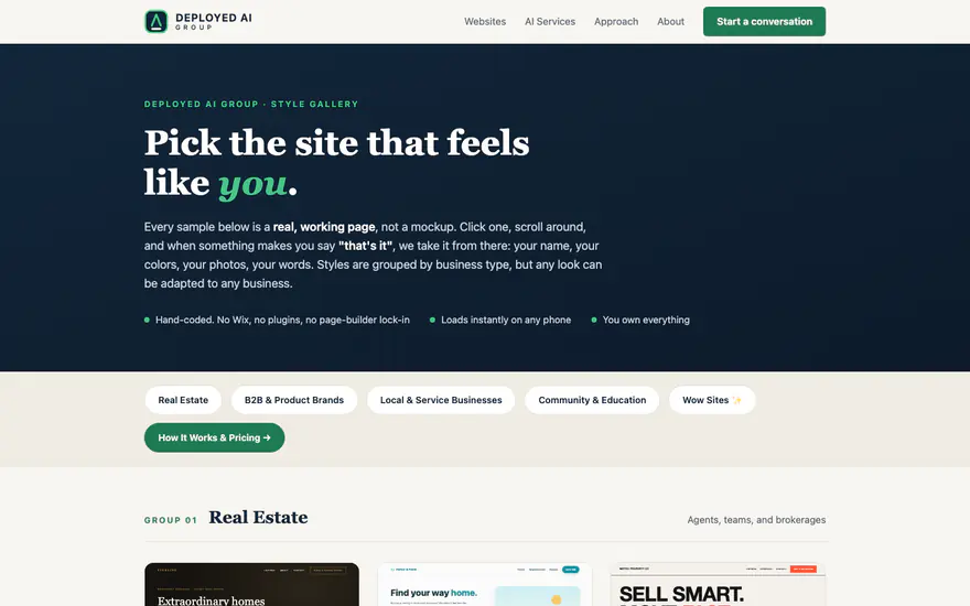 The same style gallery page on August 8, 2026, rebuilt in the company navy, cream and green with a serif headline, the logo, the full site header and full navigation.