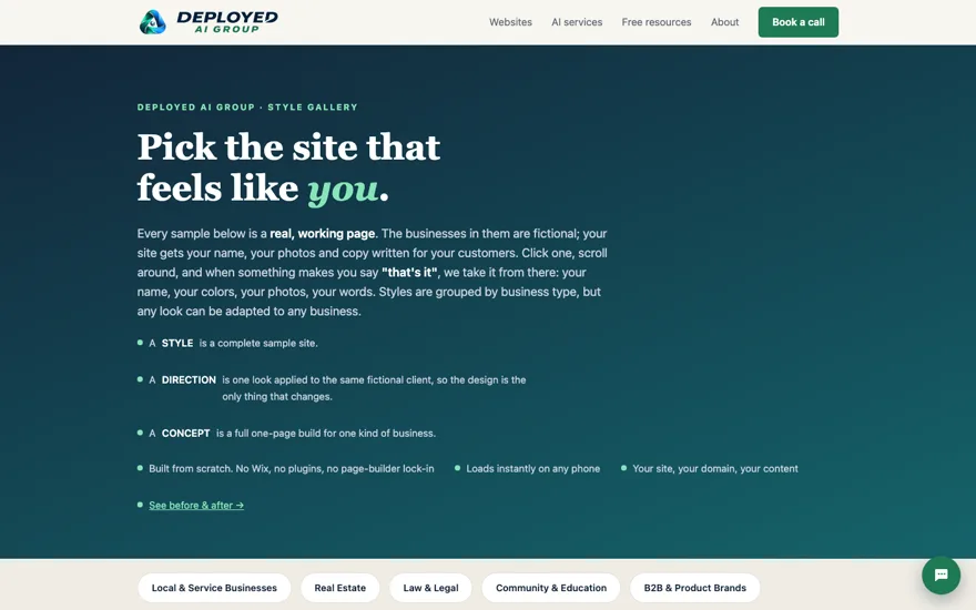 The same style gallery page on September 26, 2026, in the current brand: the green and blue symbol, the same navy, cream and green palette, the full site header and full navigation.