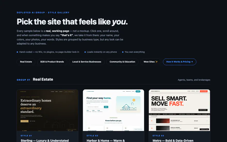 The website style gallery on August 7, 2026: a near black page with a blue accent, no company logo, no site header and no navigation back to the rest of the site.