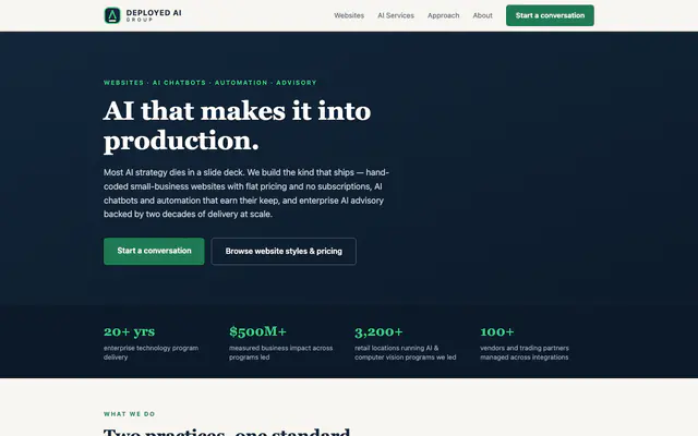 The Deployed AI Group homepage on August 7, 2026, before the fix work, showing the navy hero and the four figure statistics band.