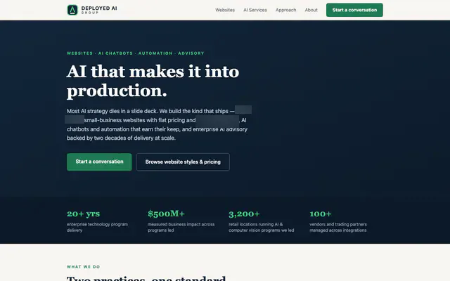 The Deployed AI Group home page on August 7, 2026, before the fix work, showing the navy hero and the four figure statistics band. A couple of phrases I have since retired are blurred out.