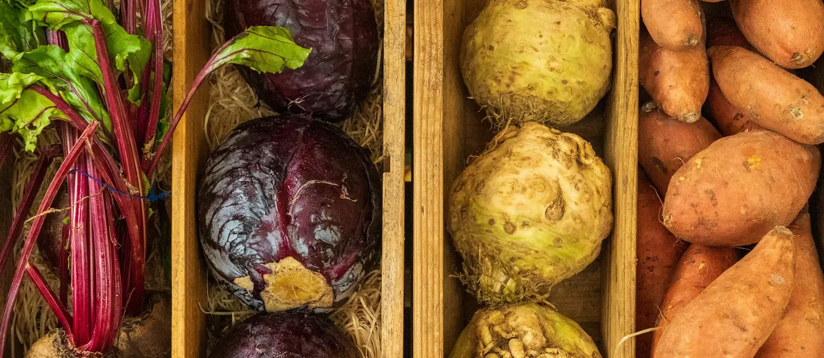 An overhead wooden crate divided into rows of beets, celeriac, and sweet potatoes