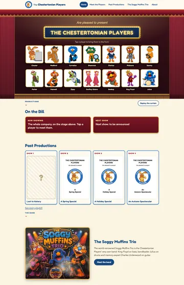 Home page of The Chestertonian Players website: a red stage curtain opened on fourteen cartoon puppet characters in a grid, a glowing marquee sign, an On the Bill panel, folded playbills and a band section