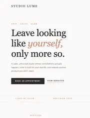 Sample style: a hair salon website with a large headline and a booking button