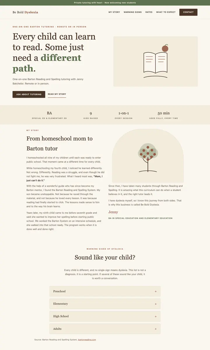 Home page of the Be Bold Dyslexia website: a cream page with a green banner, a large headline about every child learning to read, a book illustration, a row of facts about the tutor and the start of the story section