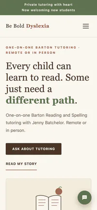 The Be Bold Dyslexia website on a phone: the cream home page with the headline and a button to ask about tutoring