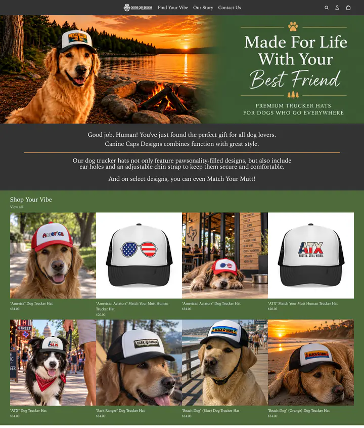 Home page of the Canine Caps Designs online store: a golden retriever in a trucker hat beside a lake at sunset, the words Made For Life With Your Best Friend, a welcome message and a grid of dog hat products