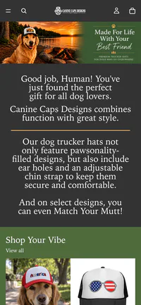 The Canine Caps Designs store on a phone: the lake-side banner, a short welcome message and the first row of products