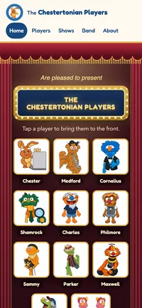 The Chestertonian Players website on a phone: the stage curtain, the glowing marquee sign and the first cast members