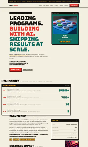 Sample style: a personal portfolio styled like an arcade game, with bold red and teal type and a retro machine card