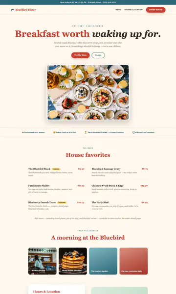 Sample style: a retro diner website in cream and red with the headline Breakfast worth waking up for and a photo of a breakfast spread