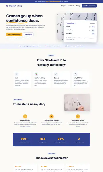 Sample style: a tutoring website with the headline Grades go up when confidence does and a card showing a student progress report