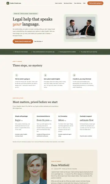 Sample style: a small law firm website in sage and terracotta with the headline Legal help that speaks your language and a photo of two people talking