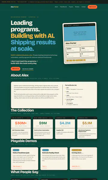 Sample style: a personal portfolio in deep green with cream collectible-style cards and a bold yellow and blue headline