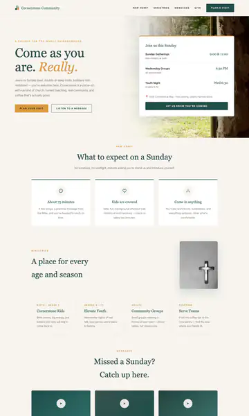 Sample style: a church website in cream and teal with the headline Come as you are. Really. and a card listing service times