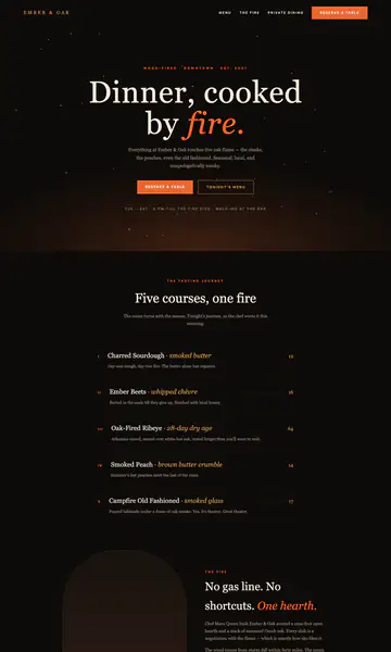 Sample style: a fine dining website on near-black with drifting embers and the headline Dinner, cooked by fire