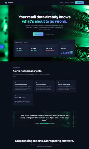 Sample style: a dark technology website with a green glow, the headline Your retail data already knows what's about to go wrong and a dashboard