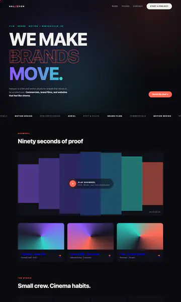 Sample style: a dark, cinematic studio website with an animated headline reading We make brands move