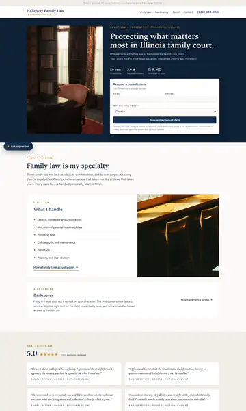 Sample style: a family law website on deep navy with a consultation form beside the hero and the headline Protecting what matters most