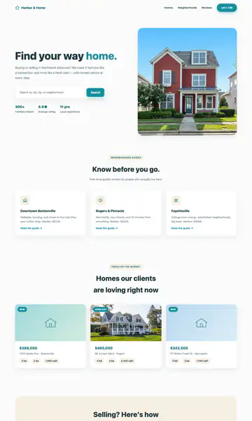 Sample style: a friendly real estate website with the headline Find your way home, a search bar and a photo of a red house