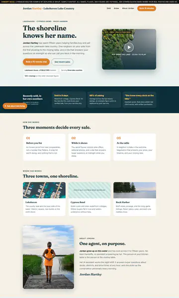 Sample style: a realtor concept page with a lake-country hero, a booking button, a video panel and a row of sample figures