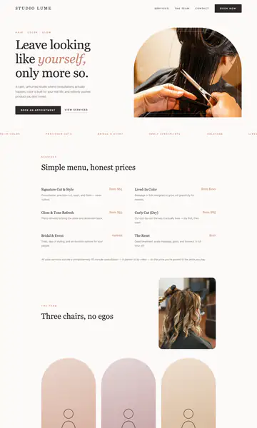 Sample style: a calm salon website with the headline Leave looking yourself, only more so, beside a photo of a haircut in an arched frame