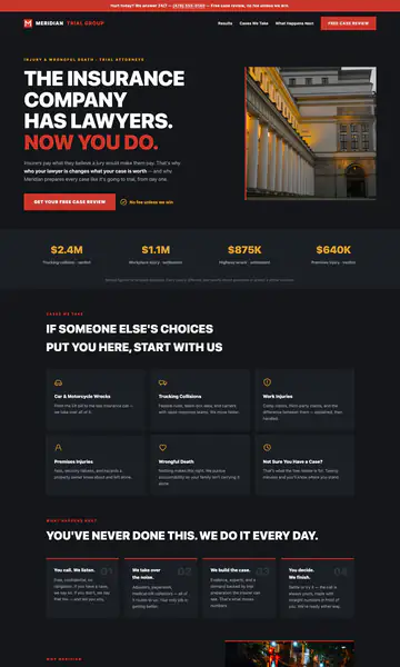 Sample style: a trial law firm website in black with huge white and red type reading The insurance company has lawyers. Now you do.