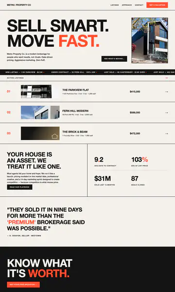 Sample style: a bold real estate website in black, white and red with huge type reading Sell smart. Move fast. and a listings table