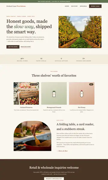 Sample style: a craft food brand website with a photo of an orchard and the headline Honest goods, made the slow way, shipped the smart way
