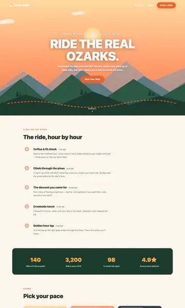 Sample style: an outdoors website with layered green mountains at sunset, a winding trail and the headline Ride the real Ozarks
