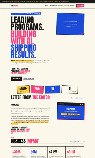 Sample style: a personal portfolio in a print-zine look with fluorescent pink and blue ink on cream paper