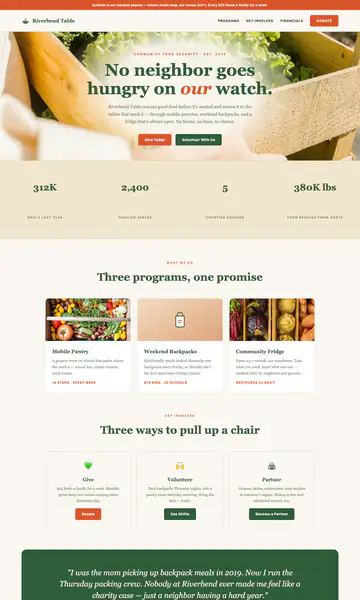 Sample style: a food bank website with a photo of fresh produce, the headline No neighbor goes hungry on our watch and a row of impact numbers