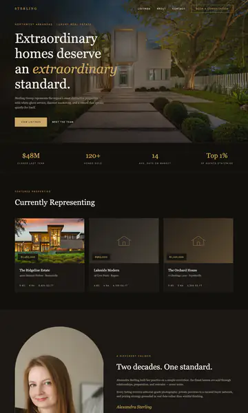 Sample style: a luxury real estate website on dark navy with a night photo of a modern house and a serif headline about extraordinary homes