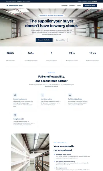 Sample style: a supplier website with a photo of a warehouse, the headline The supplier your buyer doesn't have to worry about and a row of figures