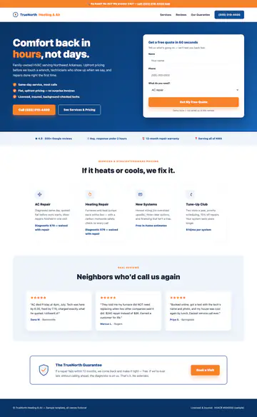 Sample style: a heating and air website with an orange emergency bar, a blue hero reading Comfort back in hours, not days, and a free quote form