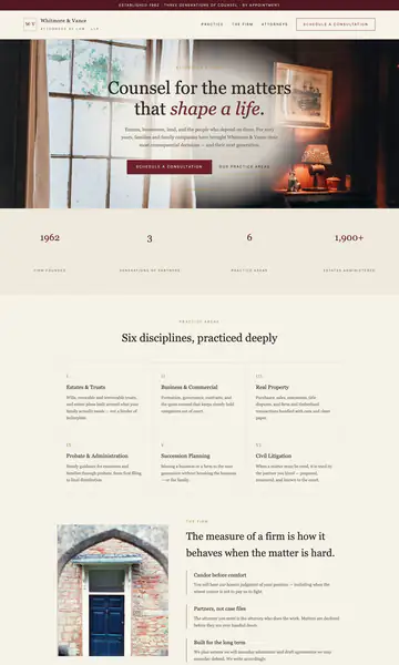 Sample style: a law firm website in ivory and oxblood with a warm photo of a window and lamp and a serif headline about counsel