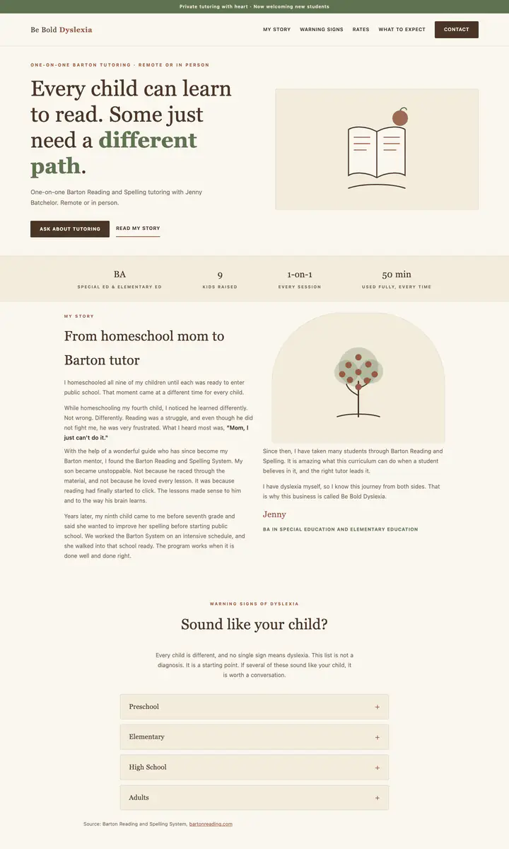 Home page of the Be Bold Dyslexia website: a cream page with a green banner, a large headline, a book illustration and a row of facts about the tutor