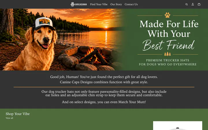 Home page of the Canine Caps Designs online store: a golden retriever in a trucker hat beside a lake at sunset, with the words Made For Life With Your Best Friend